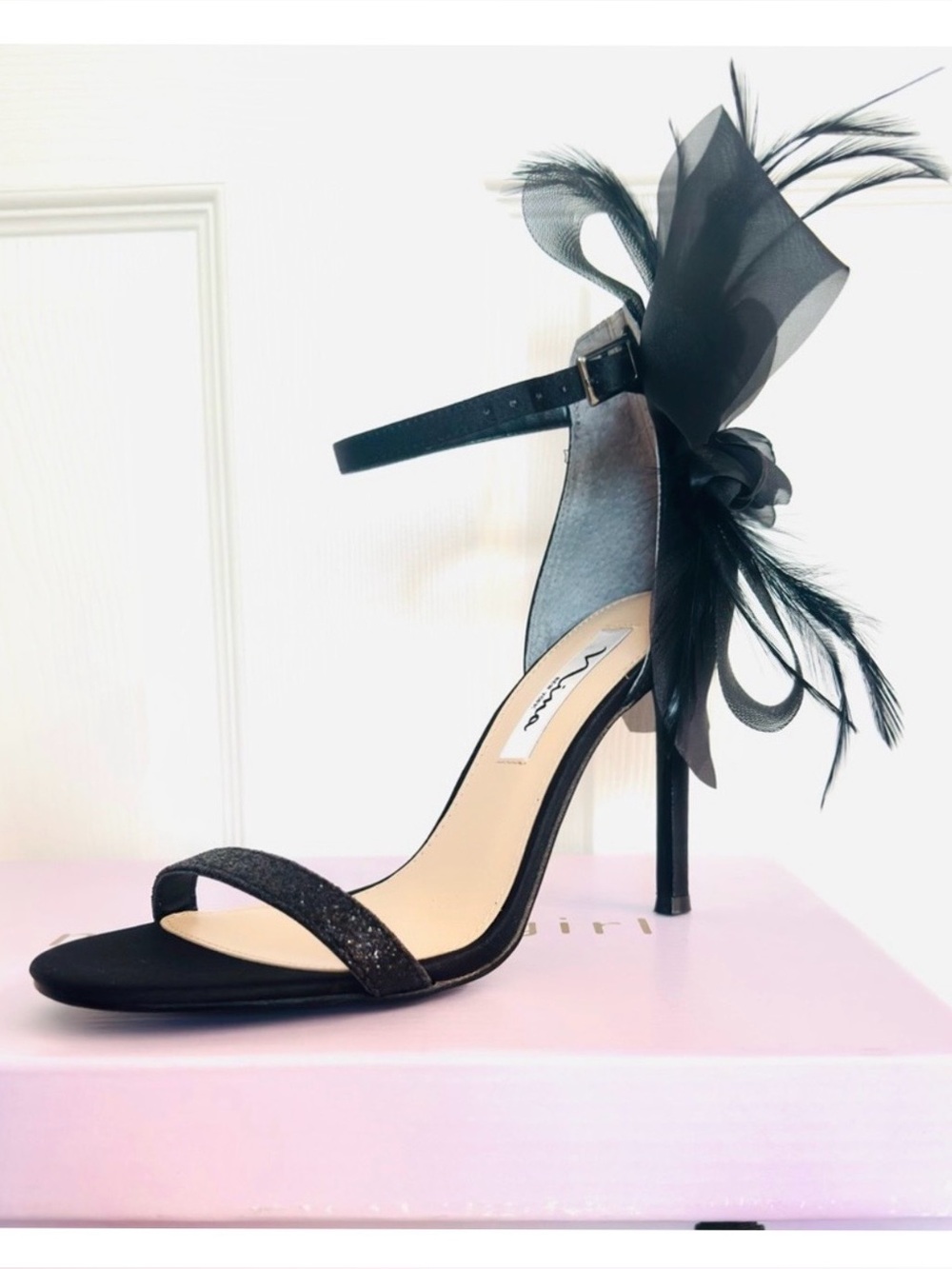 NINA ~ Black Feather Detail Ankle-Strap Stiletto Glitter Peep Toe Sandals